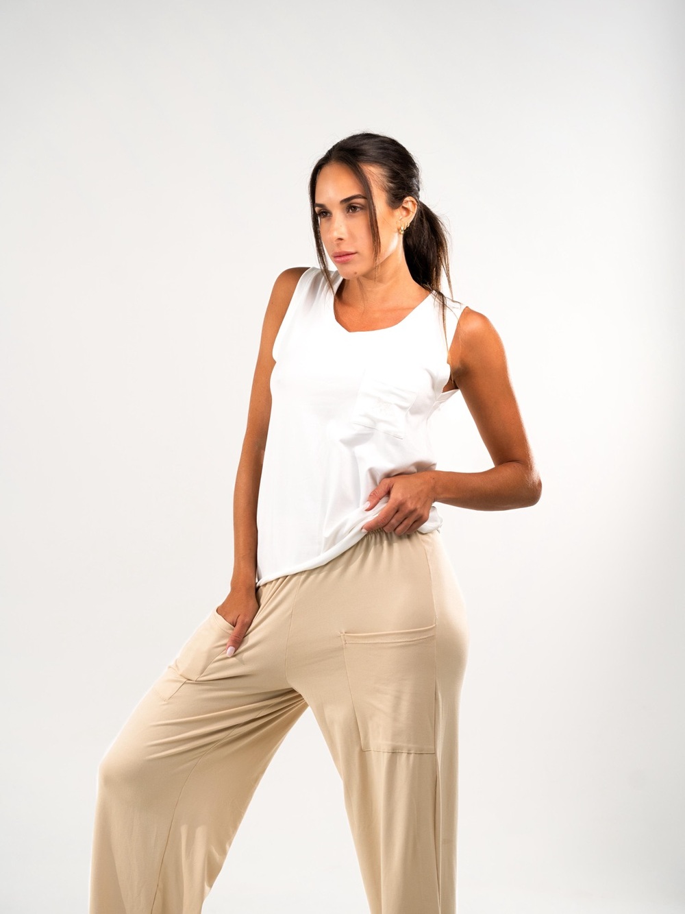 Sleeveless White Pocket Tank Top